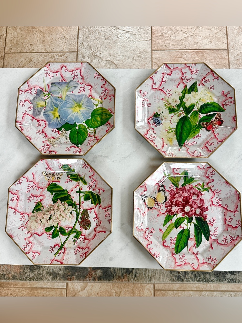 Moonlighting interiors octagonal Floral Plates -Pink Coral & Multicolor Set of 4